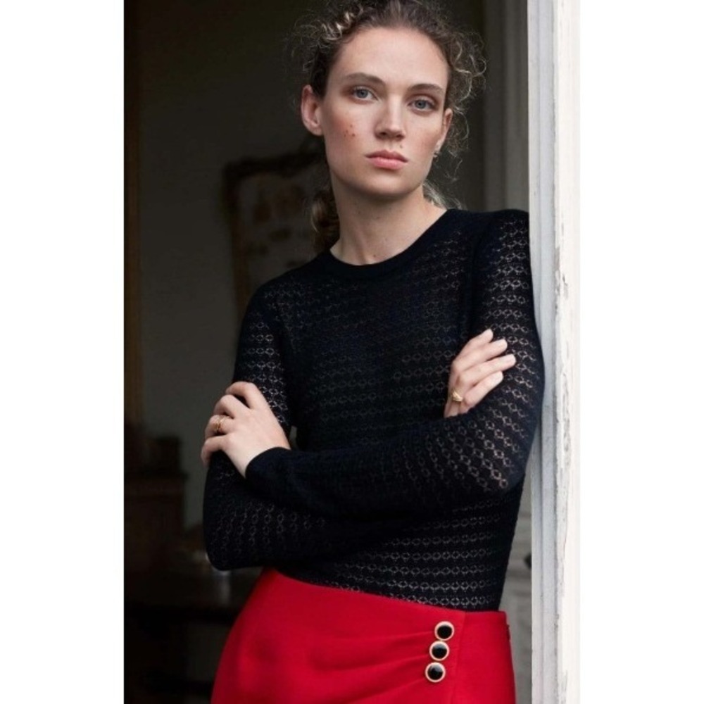 White + Warren Superfine Merino Lace Stitch Top Black Long Sleeve Large New
